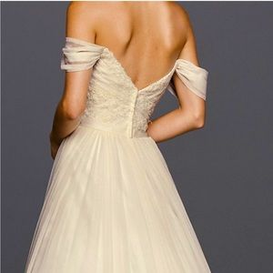 David’s Bridal, Lace, sweetheart neckline off the shoulder sleeves